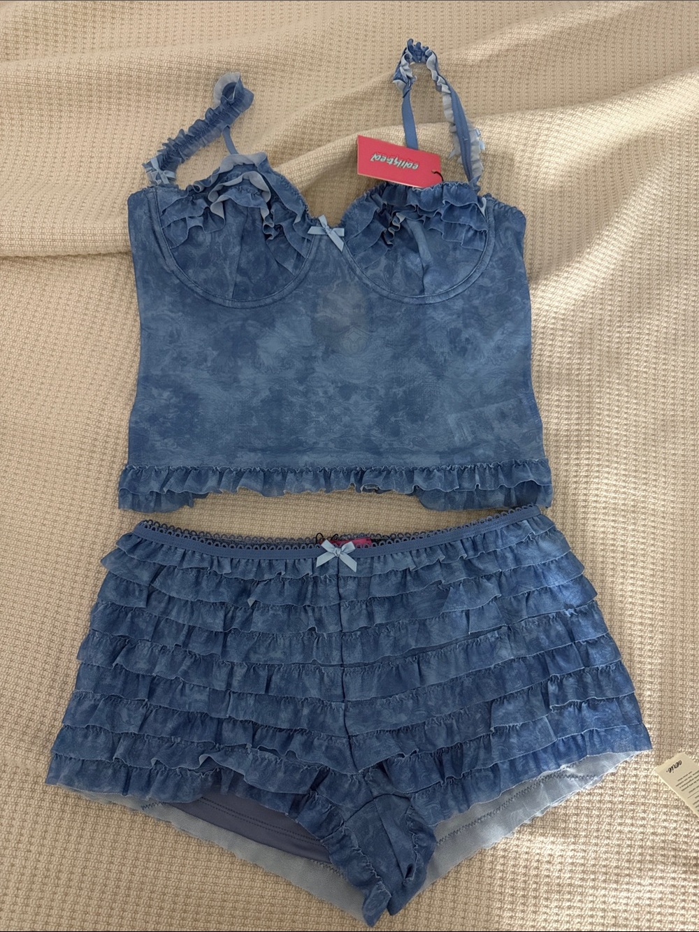 Edikted Light Blue Ruffled Lingerie Set with Bow Detail